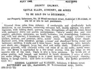Sale of Castle Ellen Connact Tribune Nov 1921